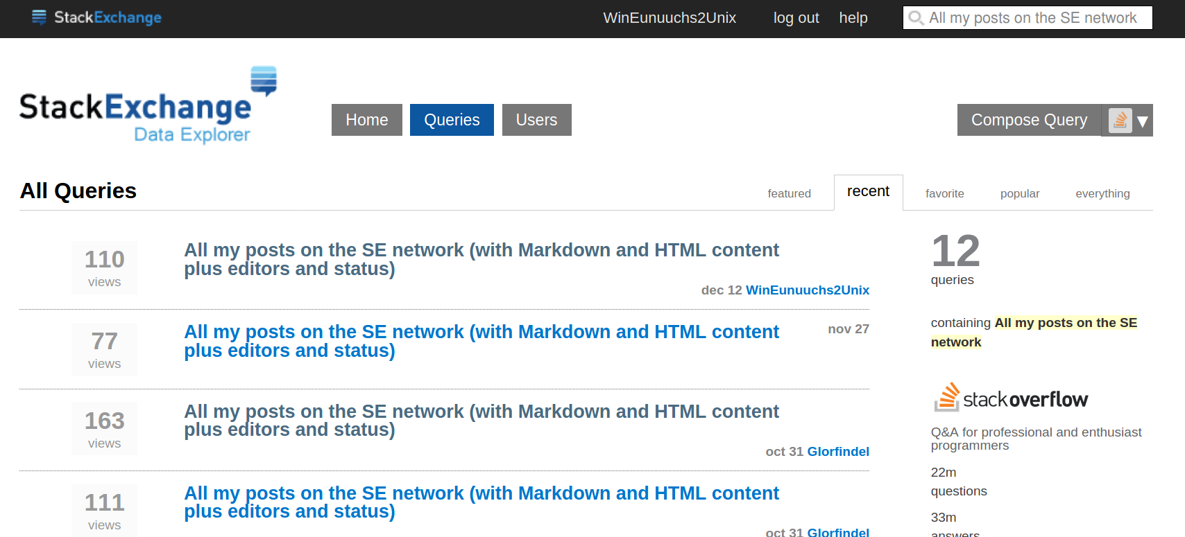 Stack Exchange Data Explorer Query List of Queries